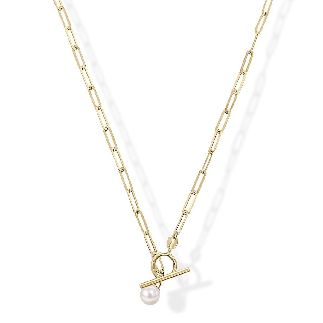 9ct Yellow Gold T-Bar Pearl Charm  Necklace