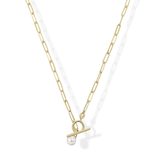 9ct Yellow Gold T-Bar Pearl Charm  Necklace