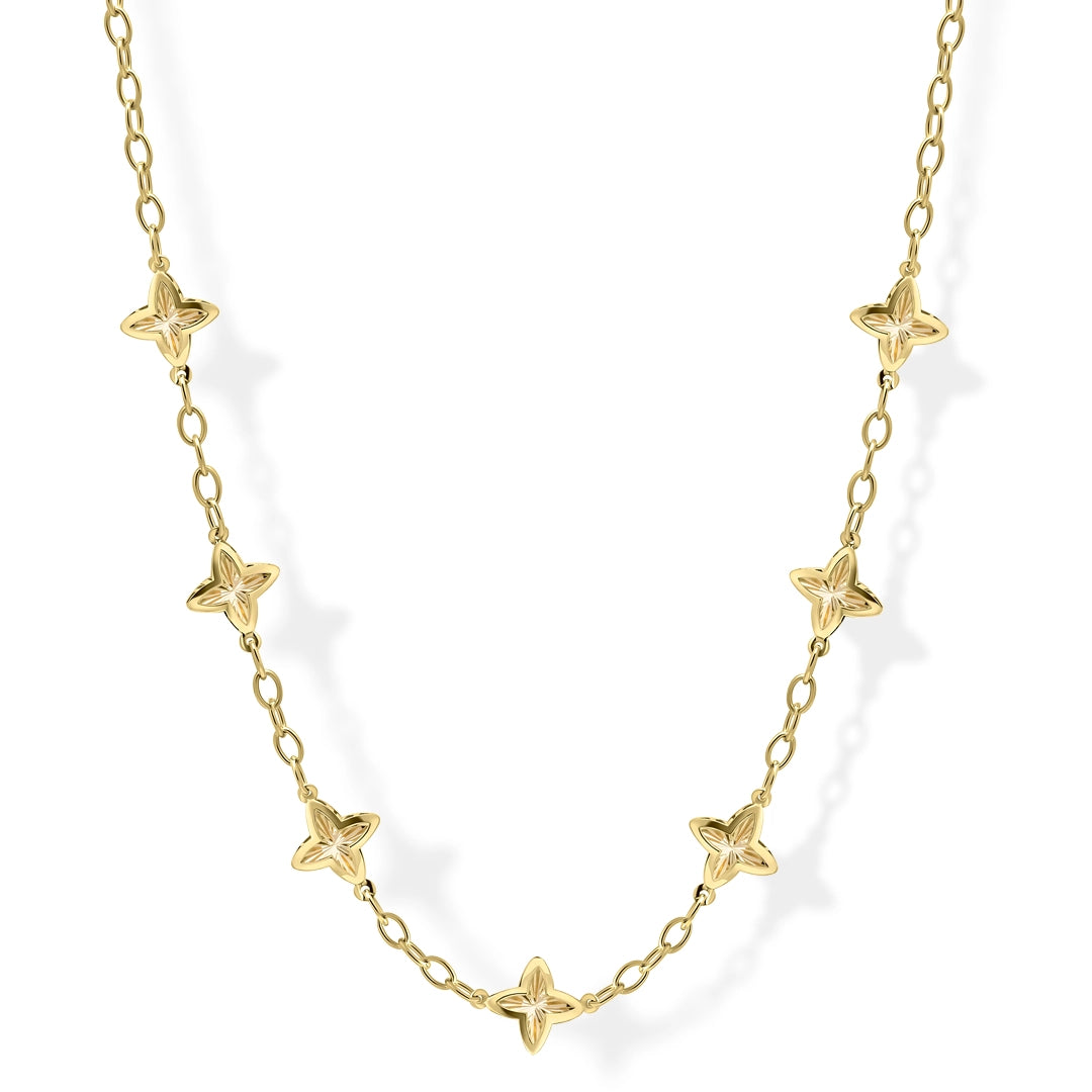 9ct Yellow Gold Textured Flower Station Necklace