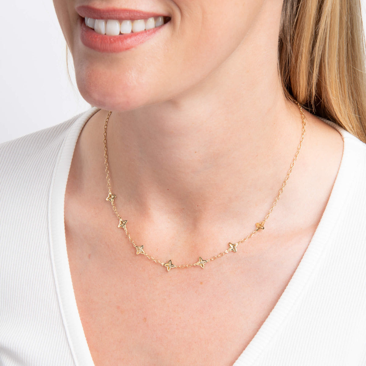 9ct Yellow Gold Textured Flower Station Necklace