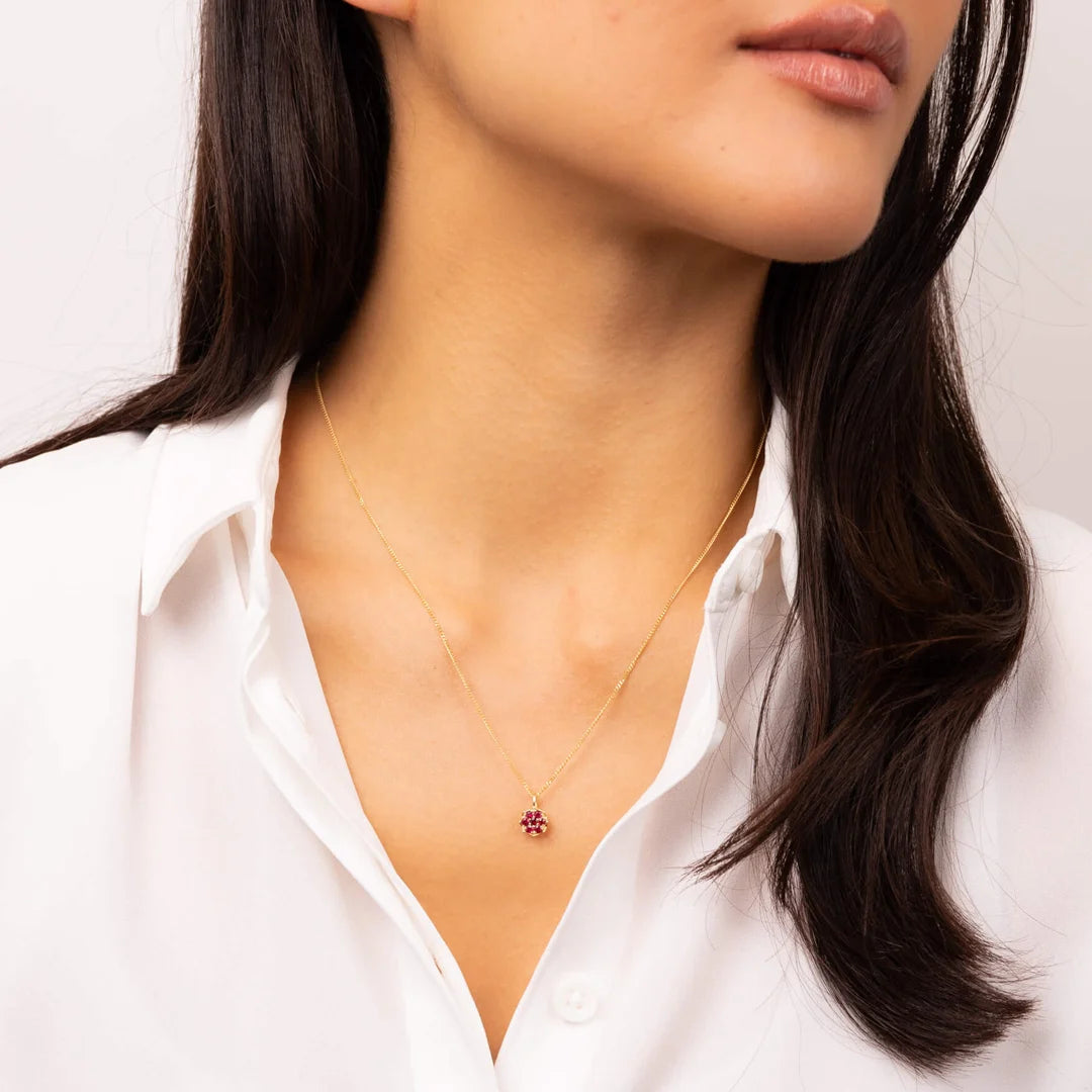 9ct Yellow Gold Crimson Ruby Halo Cluster Pendant