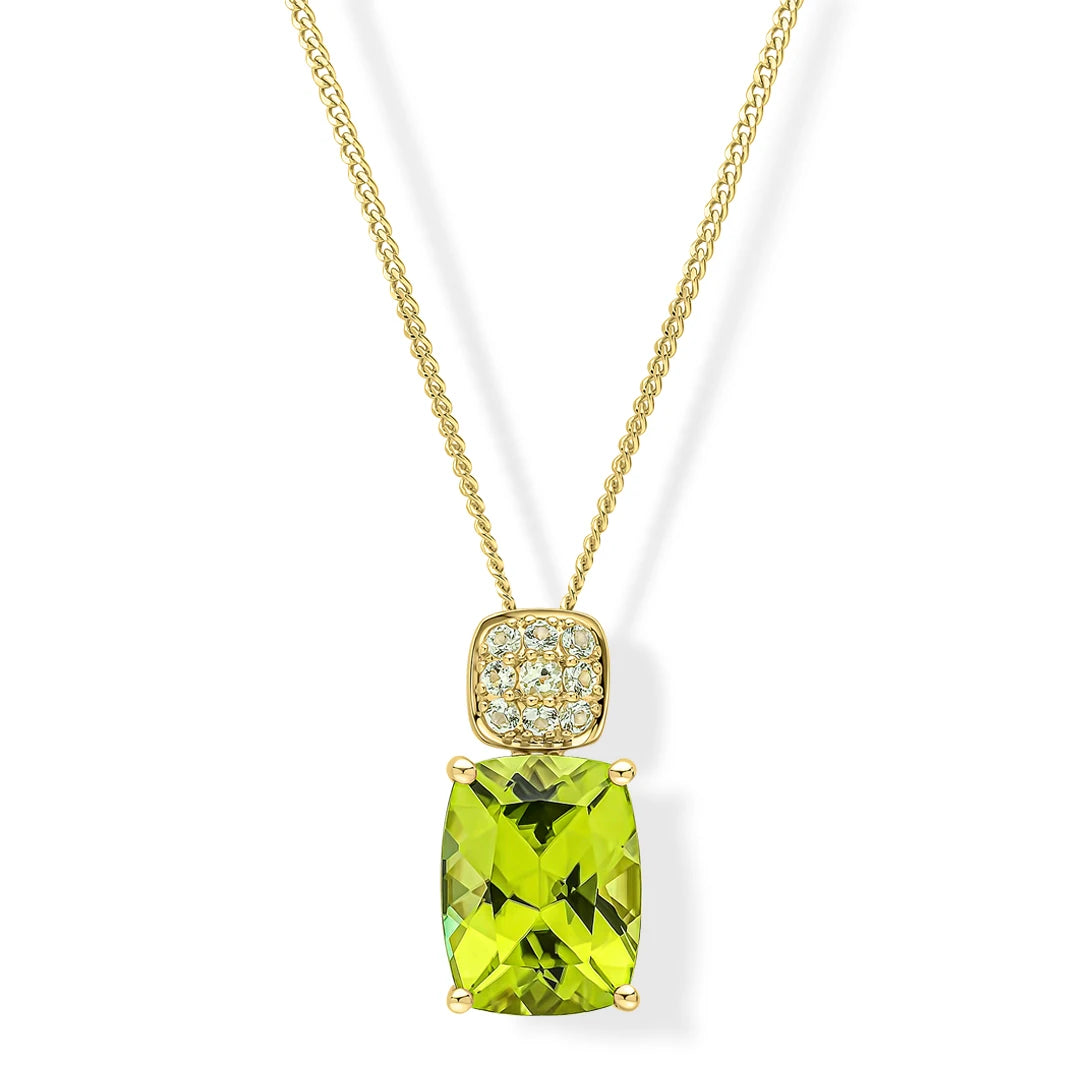 9ct Yellow Gold Cushion Peridot and Diamond Pendant