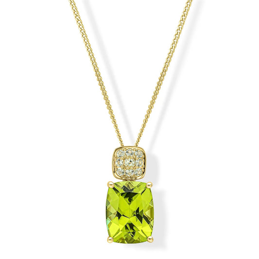 9ct Yellow Gold Cushion Peridot and Diamond Pendant