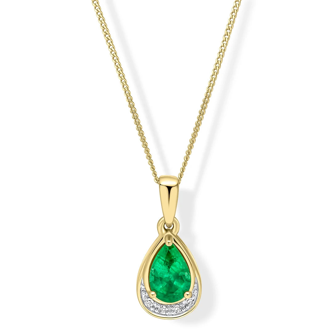 9ct Yellow Gold Emerald Diamond Teardrop Pendant