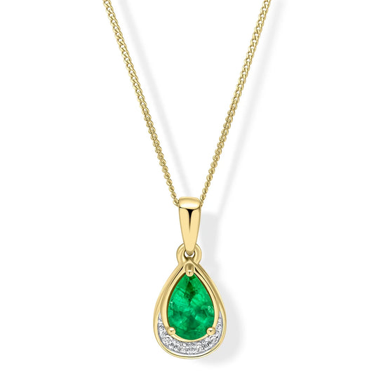 9ct Yellow Gold Emerald Diamond Teardrop Pendant