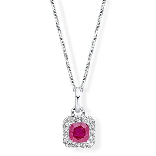 9ct White Gold Ruby and Diamond Cushion Halo Pendant