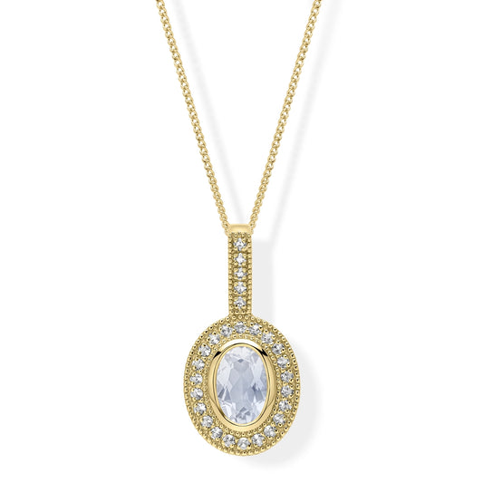 9ct Yellow Gold Halo Moonstone and White Topaz Drop Pendant