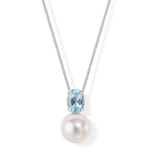 9ct White Gold Freshwater Pearl and Sky Blue Topaz Pendant
