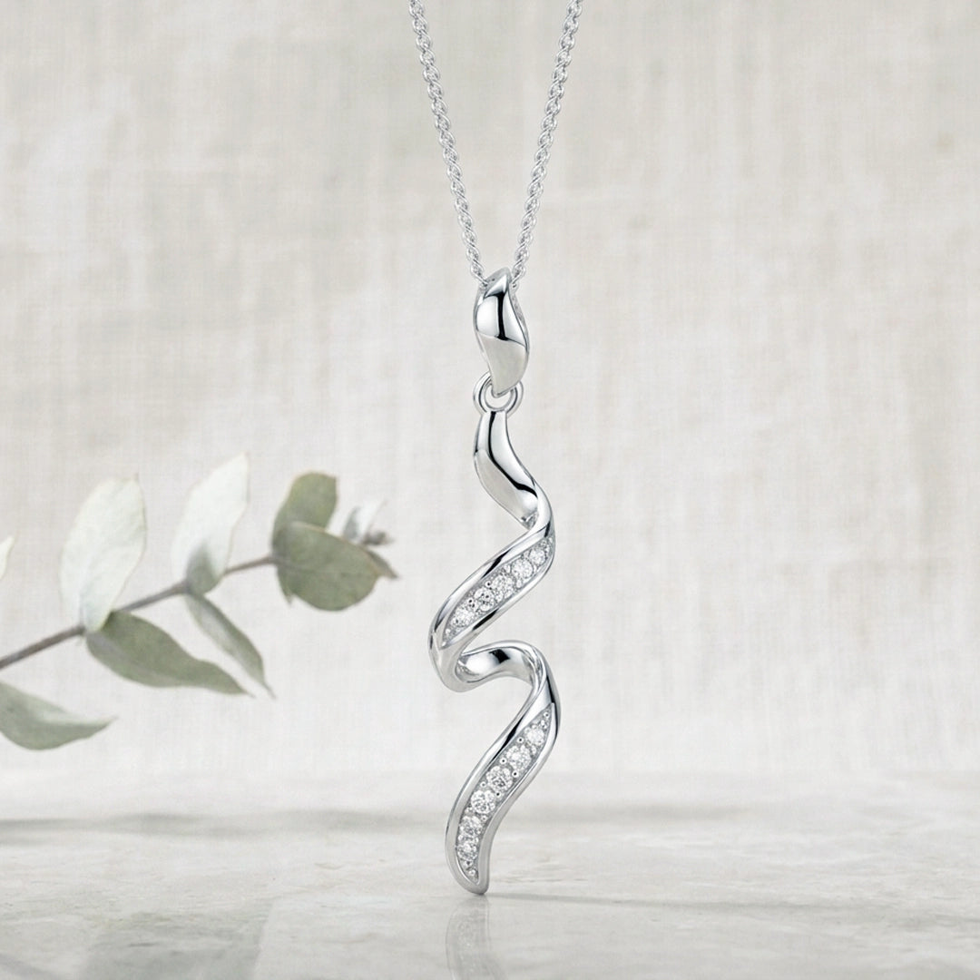 9ct White Gold Twisted Ribbon Diamond Drop Pendant