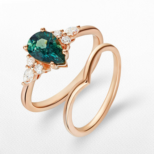 Crown Teardrop Teal Sapphire and Diamond Engagement Wedding Ring