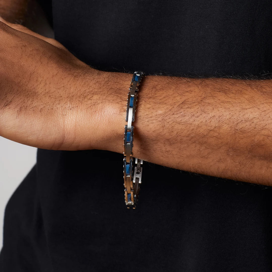 Fred Bennett Mens Stainless Steel & Blue Ceramic Link Bracelet