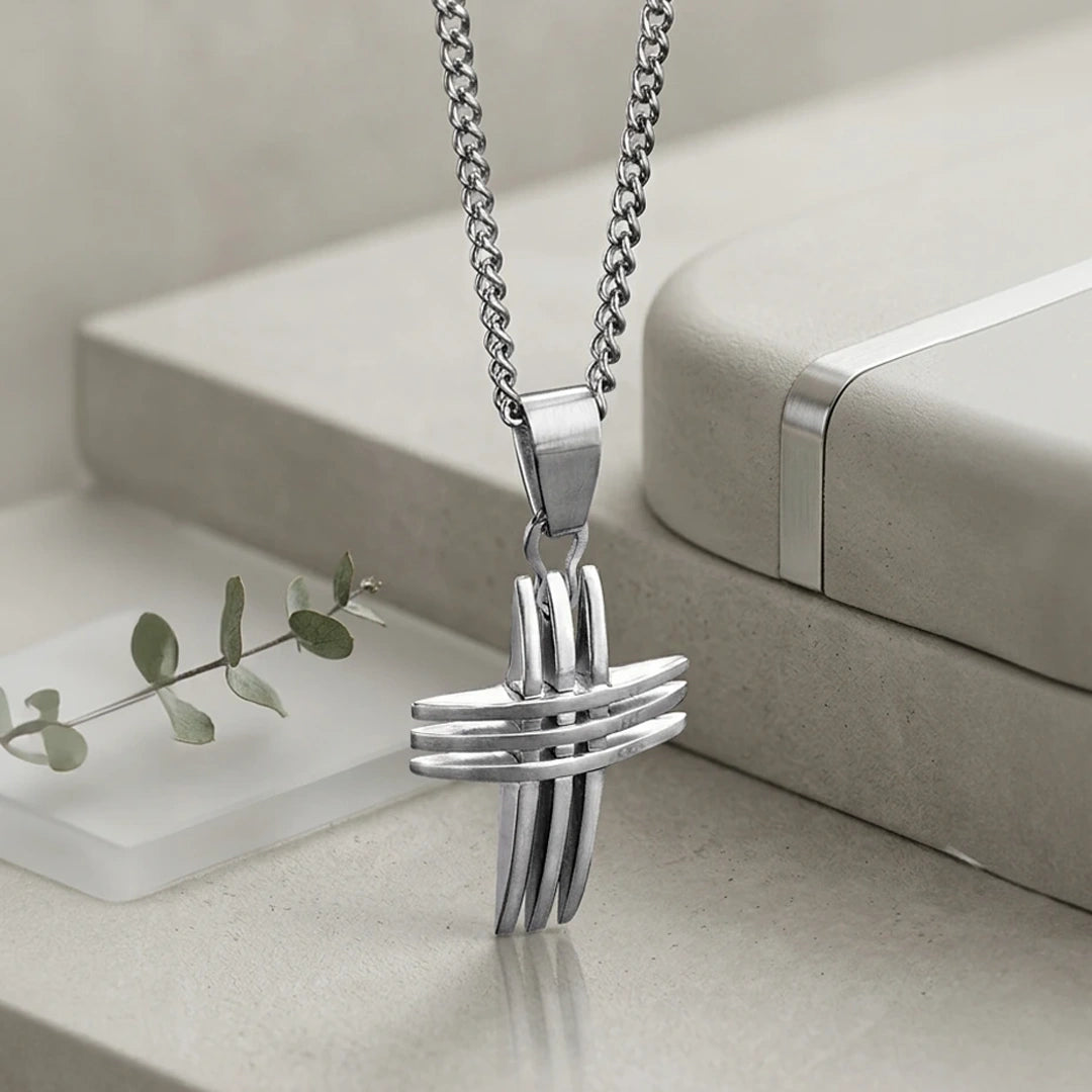 Fred Bennett Mens Stainless Steel Triple Bar Cross Pendant