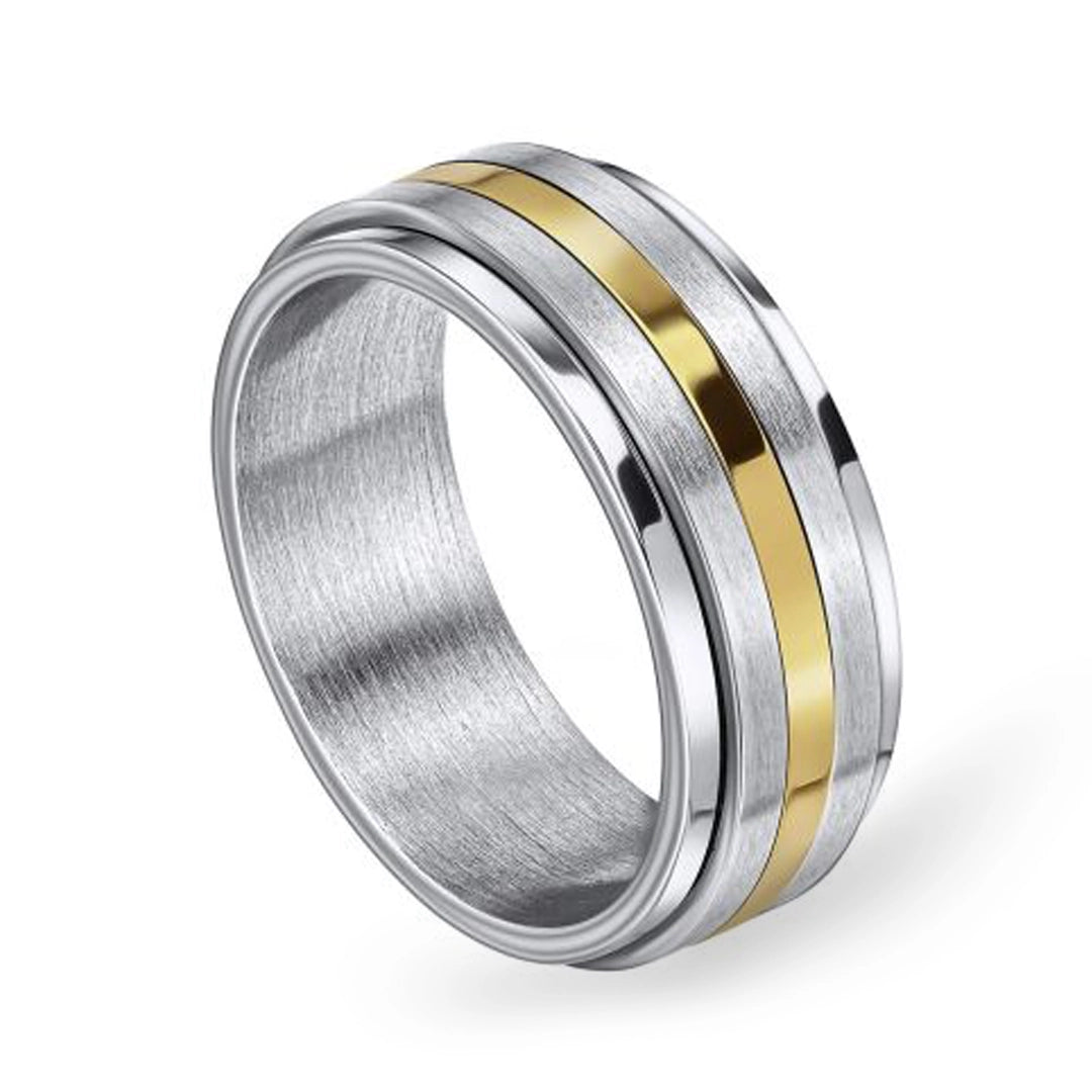 Fred Bennett Mens Gold Stripe Stainless Steel Spinner Ring