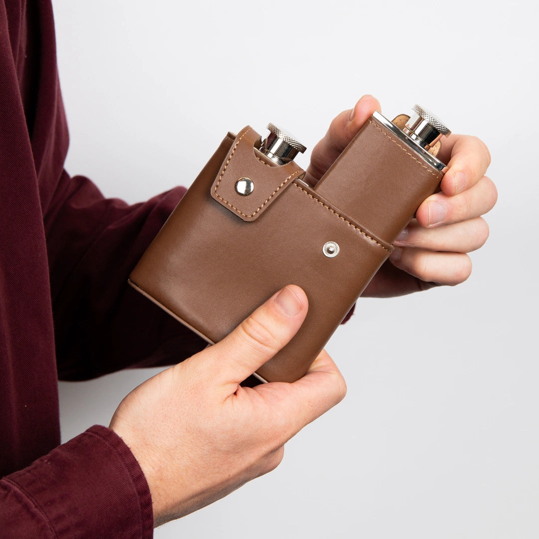 Fred Bennett Mens Twin Brown Leather 3oz Hip Flasks with Case