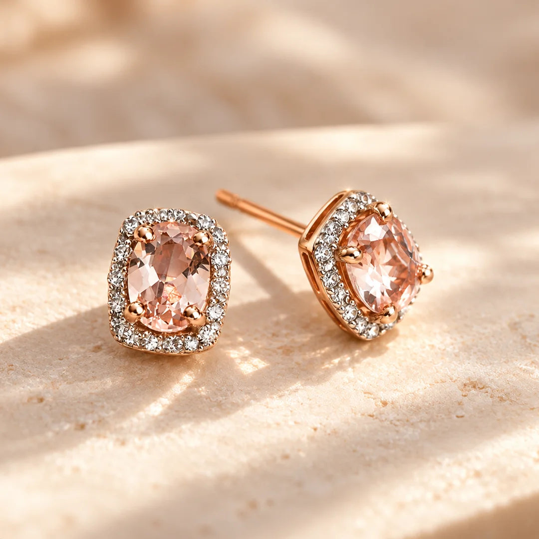 9ct Rose Gold Pink Morganite and Diamond Halo Stud Earrings