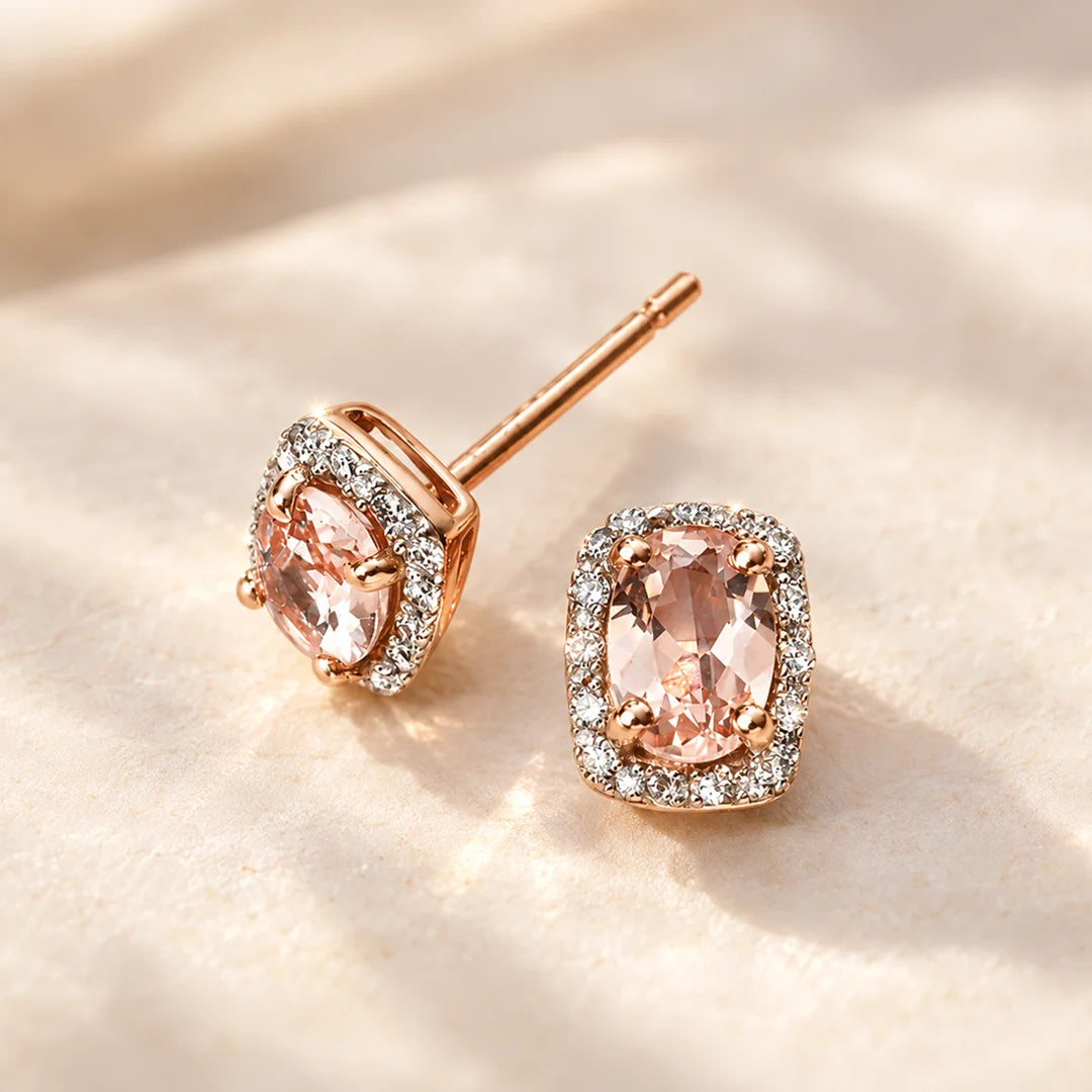 9ct Rose Gold Pink Morganite and Diamond Halo Stud Earrings