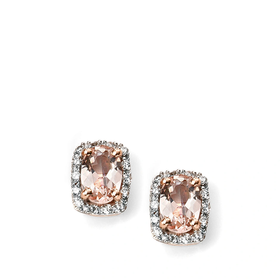 9ct Rose Gold Pink Morganite and Diamond Halo Stud Earrings