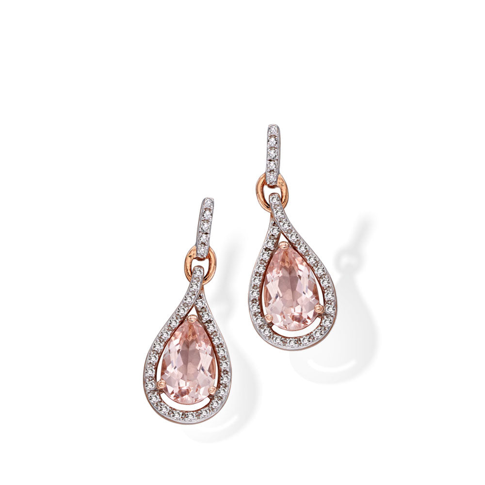 9ct Rose Gold Morganite and Diamond Teardrop Earrings