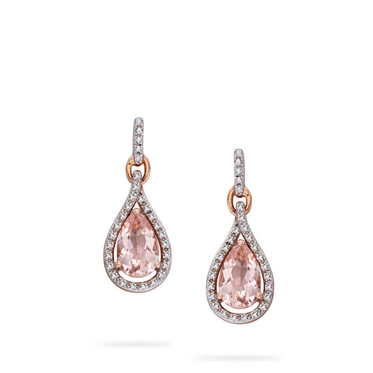 9ct Rose Gold Morganite and Diamond Teardrop Earrings
