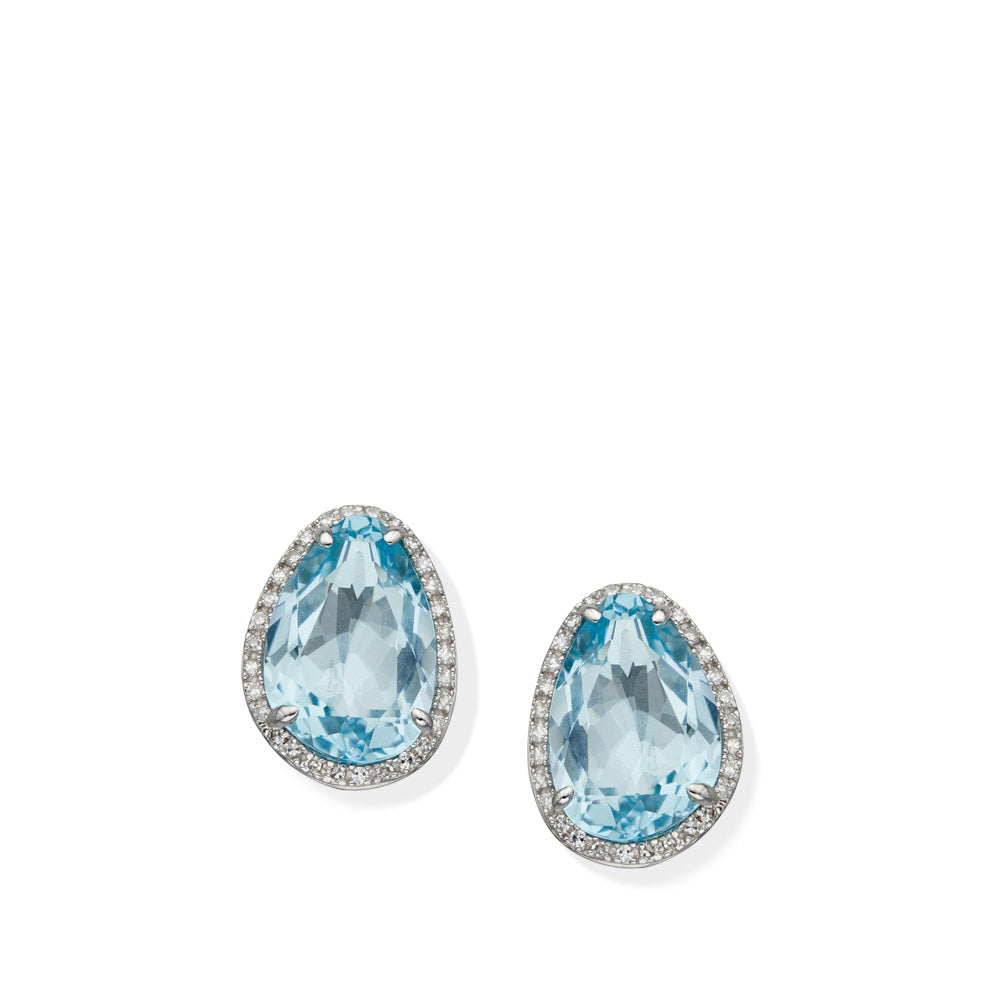 9ct White Organic Shaped Blue Topaz Diamond Stud Earrings