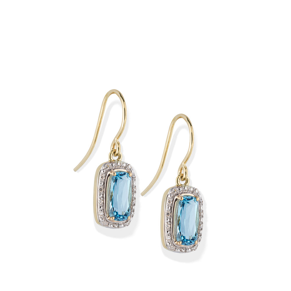 9ct Yellow Gold Elongated Sky Blue Topaz Diamond Earrings