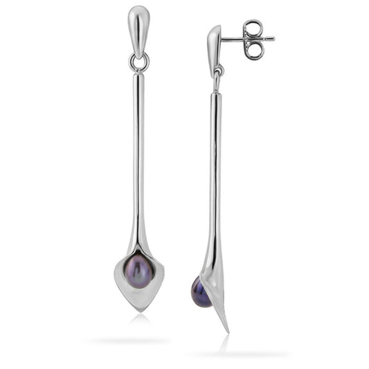 Small Peacock Pearl Long Drop Lily Earrings White Gold