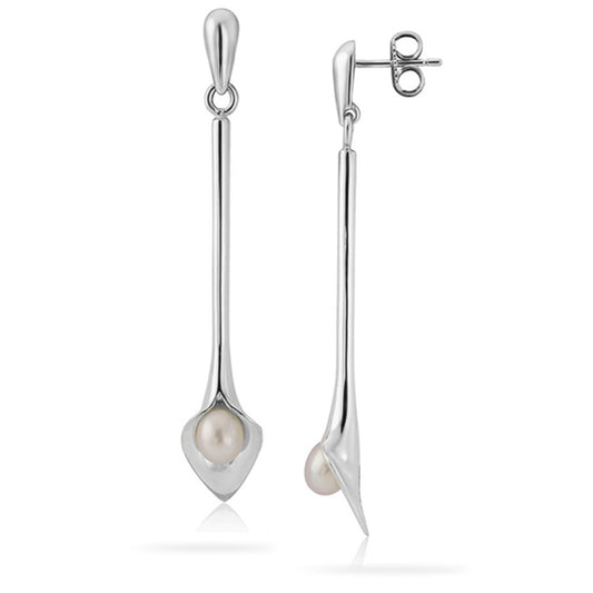 Small White Pearl Long Drop Lily Earrings White Gold