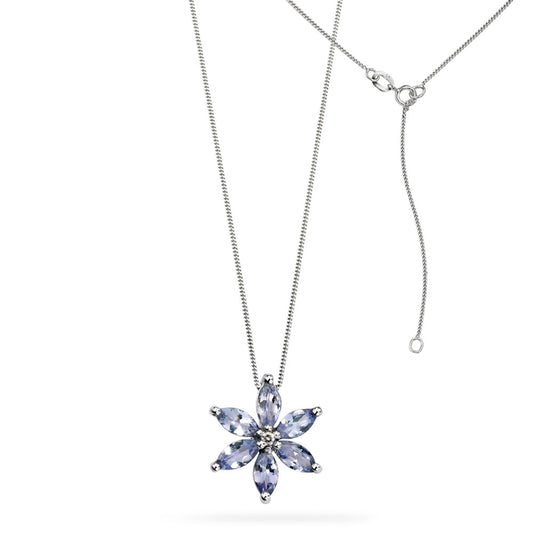 9ct White Gold Tanzanite Diamond Flower Pendant White Gold