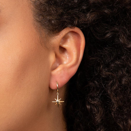 9ct Yellow Gold Starburst Charm Hoop Earrings Yellow Gold