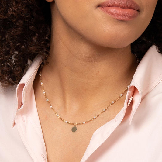 9ct Yellow Gold Pearl Station Disc Necklace Yellow Gold