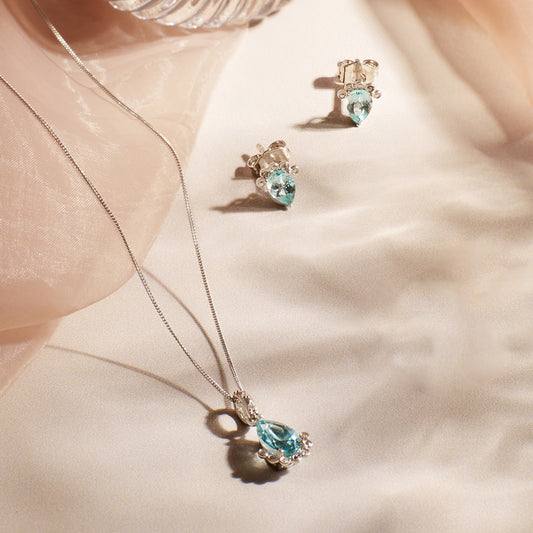 9ct White Gold Teardrop Apatite and Diamond Pendant White Gold