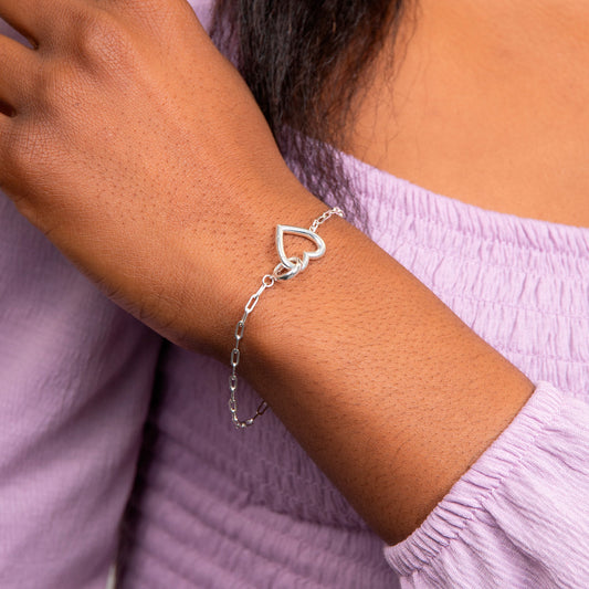 Heart and Halo Lovelink Paperclip Sterling Silver chain Link Bracelet White Gold