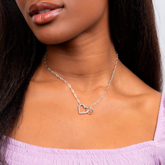 Heart and Halo Lovelink Paperclip chain Sterling Silver Necklace White Gold