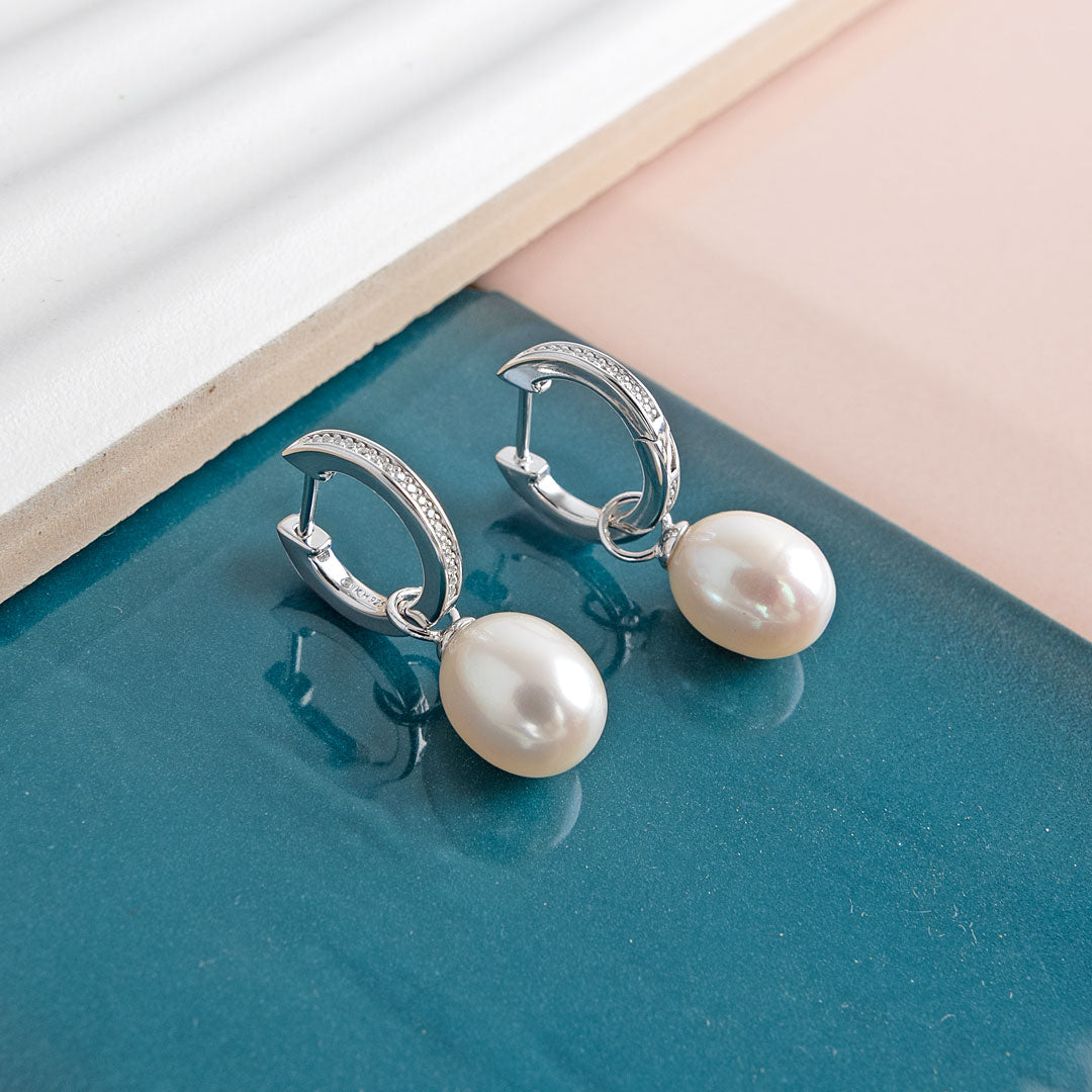 Kit Heath Sterling Silver Revival Classic Pearl Glitz Hinged Hoop Drop Earrings