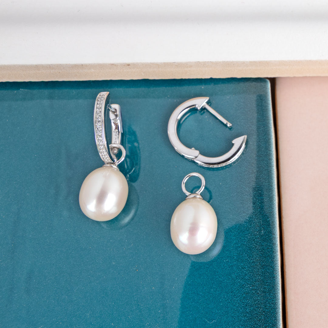 Kit Heath Sterling Silver Revival Classic Pearl Glitz Hinged Hoop Drop Earrings