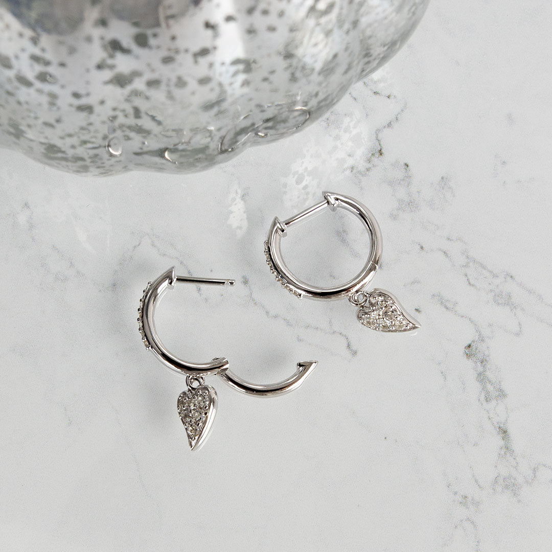 Kit Heath Sterling Silver Desire Kiss Precious Pave Heart Hinged Hoop Drop Earrings