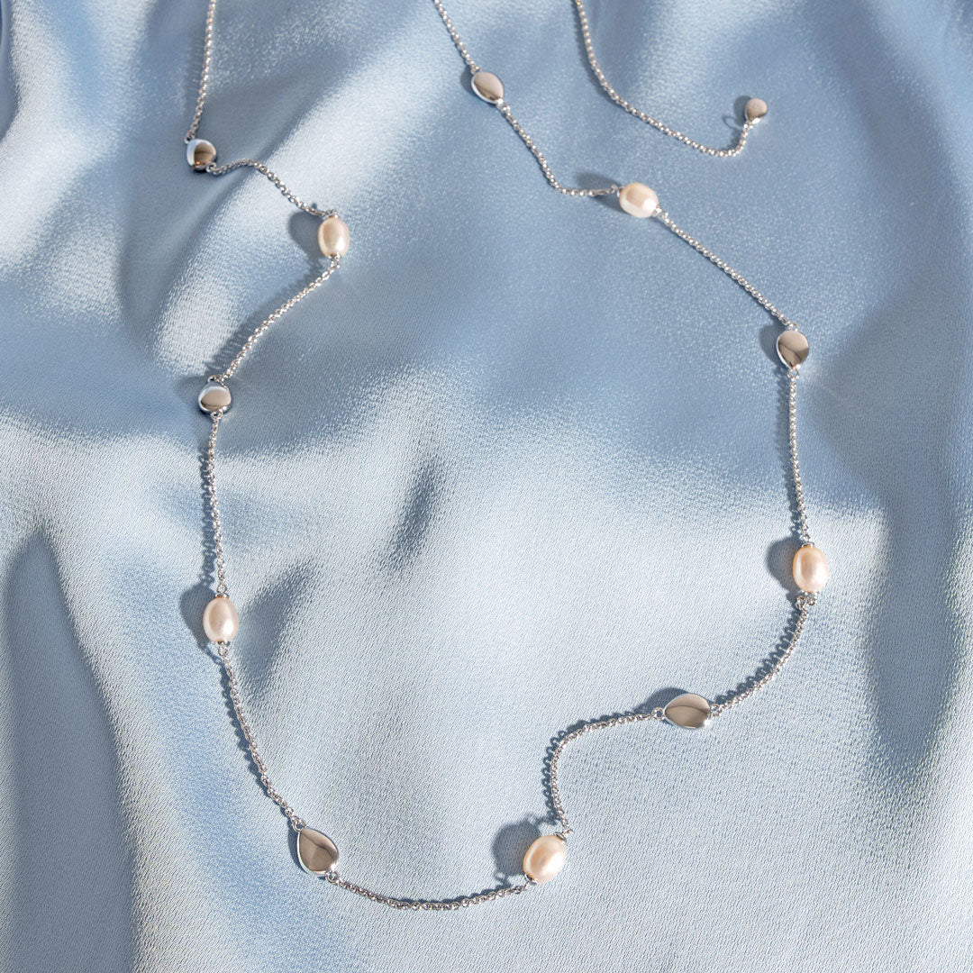 Kit Heath Sterling Silver Coast Pebble Pearl Slider Adjustable Station Necklace