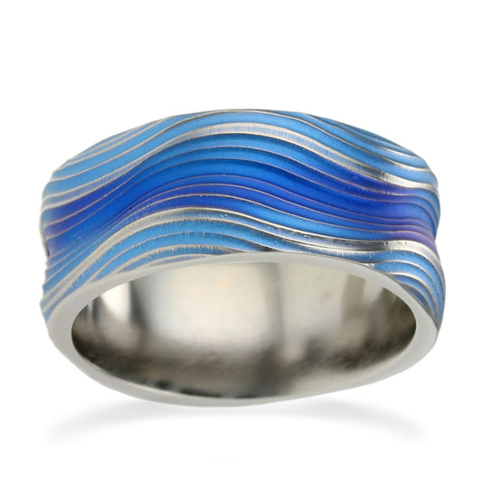 Titanium 10mm Blue Lagoon Ocean Wave Patterned Ring Titanium 10mm Blue Lagoon Ocean Wave Patterned Ring