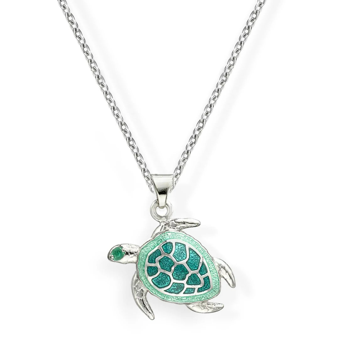 Nicole Barr Aqua Green Enamel Sea Turtle Silver Pendant