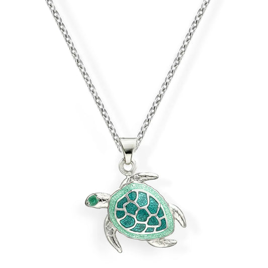 Nicole Barr Aqua Green Enamel Sea Turtle Silver Pendant